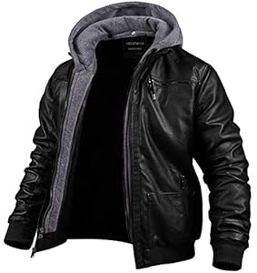 Herren Kunstlederjacke Motorradjacke Wasserdicht Winddicht PU Moto Oberbekleidung Vintage Bomber Hoodie mit Abnehmbarer Kapuze, Schwarzes Licht, 5X-Large