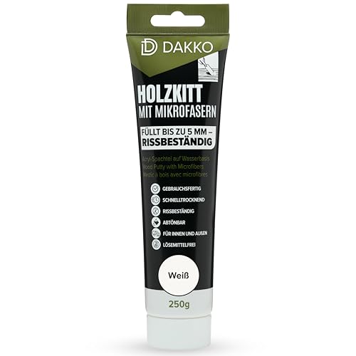DAKKO Holzkitt 250 g Weiß Holzspachtelmasse mit Bambusfasern - Füllmasse zur Reparatur von Schäden für Möbel Türen und Risse Innen und Außen schnelltrocknend rissbeständig