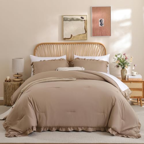 Image of JANZAA Taupe Comforter Set Oversized King - Soft Microfiber, Lightweight All Season Bedding, Ruffle Shabby Chic Aesthetic, Breathable Cozy Bed Set with 2 Pillow Shams, Machine Washable
