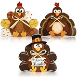 3 Pcs Thanksgiving Decorations for Home Wooden Turkey Table Centerpiece Rustic Wood Signs Block Harvest Tabletop Fall Decor Indoor Tiered Tray Office Desk Shelf Mantel Kitchen Autumn Party Supplies