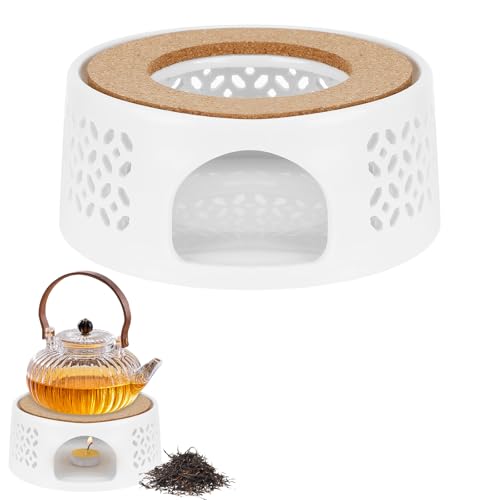 Stövchen für Teekanne, Teewärmer aus Keramik, Hohl Geschnitztes Design, Stövchen Keramik mit Korkmatte, Teekannenwärmer für Wärmeerhaltung von Tee Kaffee - Weiß