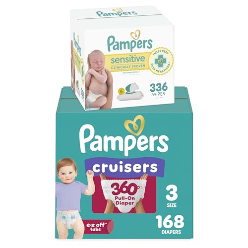 Image of Diapers Size 3, 168 Count and Baby Wipes - Pampers Pull On Cruisers 360° Fit Baby Diapers with Stretchy Waistband, ONE MONTH SUPPLY with Sensitive Wipes, 6X Pop-Tops, 336 Count (Packaging May Vary)
