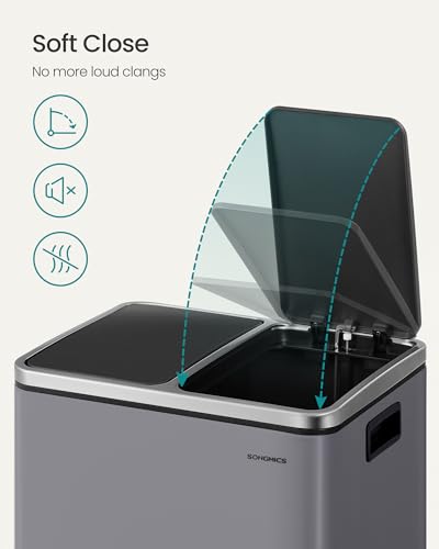 Songmics Kitchen Bin, ２X 4 Gallon (2 X 15 L) Double Pedal Bin For Recycling And Waste, 15 Liners Included, Inner Buckets, Soft Close For Small Families, Steel, Slate Grey LTB30G01 - 7