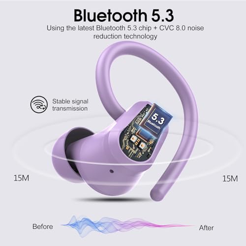 Image of Wireless Earbuds, 2023 Bluetooth Headphones 5.3 Sport, 50H Ear buds with Earhooks, Dual LED Display Bluetooth Earbuds, Deep Bass Stereo Noise Cancelling Headphones, IP7 Waterproof Earphones, Purple