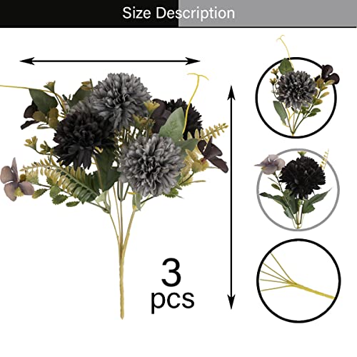 Jim's Cabin Artificial Chrysanthemum Ball Flowers - 3Pcs Realistic Silk Flower With Stems&Leaves For Wedding, Party, House Decoration, Table Centerpieces Flowers (Black, Gray) #TOP1