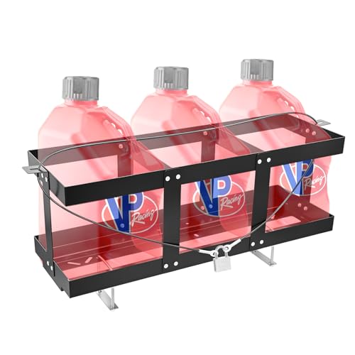 Feimire Fuel Jug Holder Fits Two or Three 5 Gallon Gas Cans Heavy-Duty Trailer Gas Can Mount Compatible with VP Racing Fuel Jug 5.5 Gallon(11*11) All-Metal Fuel Can Rack with Lock Cable & U-Bolts (3 Cans)