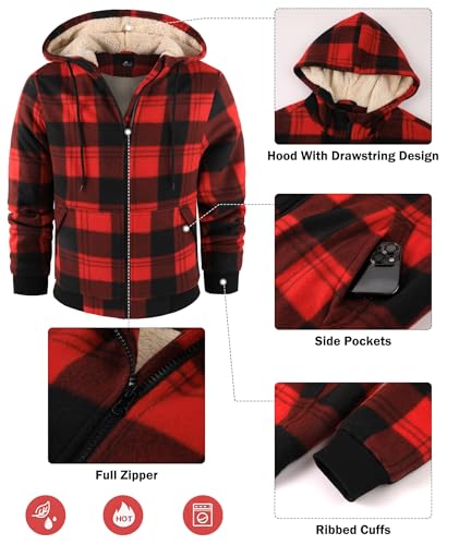 Image of Mens Plaid Hoodies Winter Zip Up Fleece Jacket Sherpa Fleece Lined Warm Flannel Jacket Coat