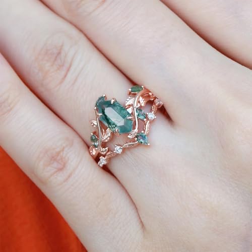Natural Moss Agate Engagement Ring Set for Women 1CT Hexagon-cut Moss Agate Wedding Ring Set 925 Sterling Silver 10K 14K 18K Gold Bridal Ring Set2