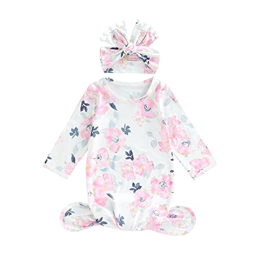 Image of Infant Newborn Baby Girls Floral Sleep Gown Headband Sleepwear Romper Sleeping Bags Outfits