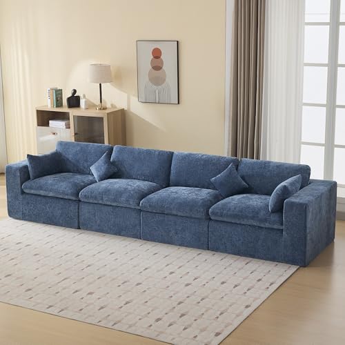 Image of 146''Cloud Boneless Sectional Couch, Modular Sectional Sofa Deep Seat, Oversized Upholstered Convertible Comfy 4 Seater Chenille Memory Foam Sofa Couches for Living Room, Blue