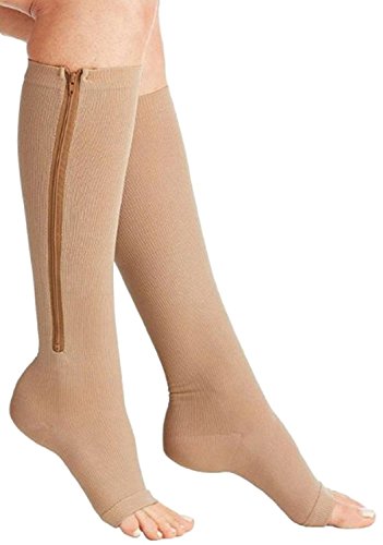 Product Deal ASRocky Graduated Compression Zipper Socks Open Toe Anti-Fatigue Mens Womens Foot Ankle Heel Support Sport Medical Zip Stockings Reduce Swelling Pain Relief (Beige, XX-Large)
