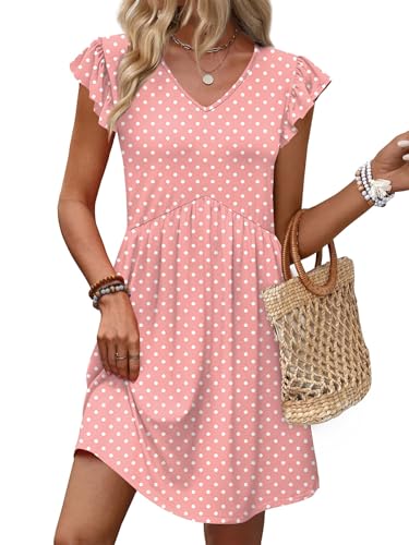 Image of OFEEFAN Summer Dresses for Women Beach Vacation Clothes V Neck Ruffle Sleeve Babydoll Dress Elegant Classy Sundress