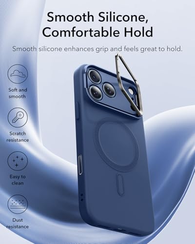 Image of ESR Silicone Case for iPhone 17 Pro, Built-in Camera Stash Stand Compatible with MagSafe, Military-Grade Drop Protection Magnetic Phone Case for iPhone 17 Pro, Cloud Series, Navy Blue