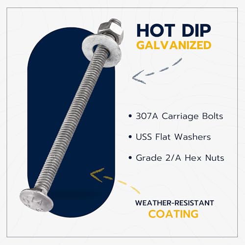 Image of 1 /4 inch x 6 inch (100 Pack) Galvanized Carriage Bolt Kit Grade 307A Includes 1 /4 inch USS Flat Washers (100 pcs) and 1 /4 inch-20 Hex Nuts (100 pcs), Hot Dip Galvanized for Exterior Use by Makers Bolt