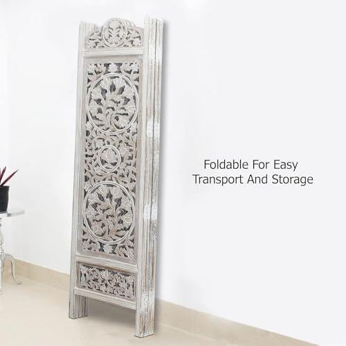Image of Wooden Room Divider Decorative Foldable Privacy Screen Hand Carved Partition for Living Room Bedroom Office Decor (6 Feet 4 Panel White Wash Each Panel 72X20 Inch)