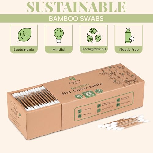 bamboo cotton swabs 500 pack - natural swabs for ears makeup amp cleaning - carbonized bamboo sticks with soft buds - travel size q gentle tips - precision ear cleaner swabs - drawer box