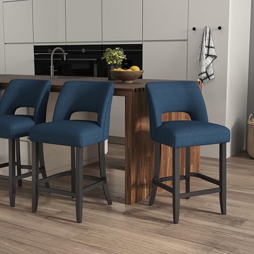 Image of VKNOW Bar Stools Set of 2, 26 inch Upholstered Counter Height Bar Stools | Modern Counter Stools with Black Rubberwood Legs for Kitchen Island Dining Room Bar, Blue-Black Legs