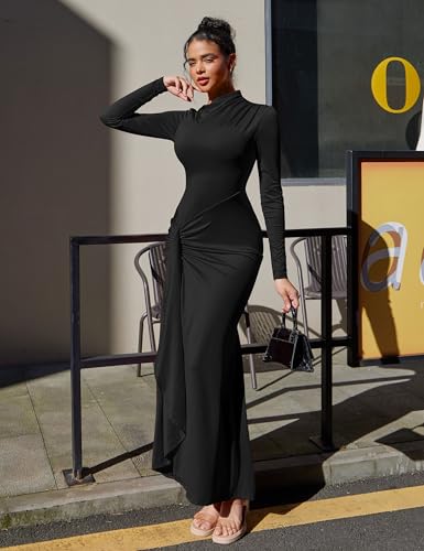 YMDUCH Women's Casual Long Sleeve Boat Neck High Split Ruched Bodycon Long Formal Dress4