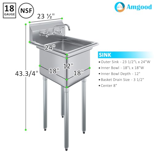 Image of Stainless Steel Prep & Utility Sink | 304 Stainless Steel | Restaurant, Kitchen, Laundry, Garage (Bowl Size: 18 inch x 18 inch + Faucet)