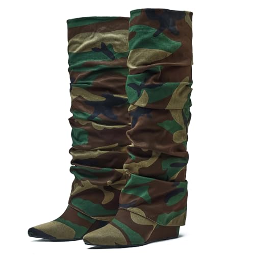 Fold Over Boots for Women Slouched Wedge Heels Knee High Pointed Toe2