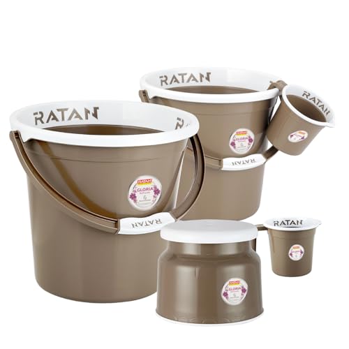 Image of RATAN PLASTICWARE Plastic Bathroom Set of 5 Pieces Combo Pack Gloria Plain 18 Liters & 20 Liters Bucket + Nova Stool Patla 107 + Two Gloria Plain Bath Mug 1 Liter Color Light Brown