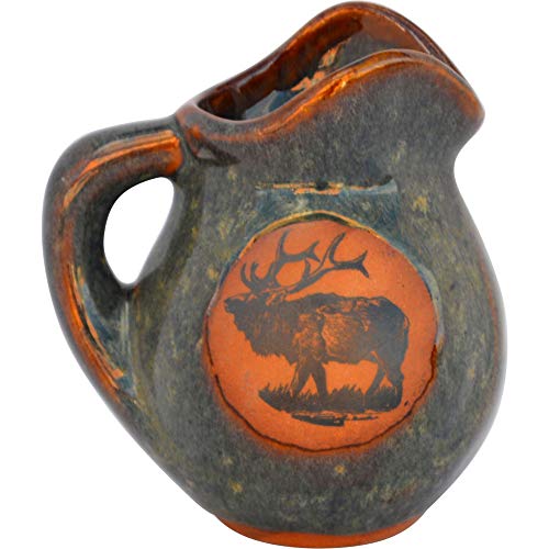 ALWAYS AZUL POTTERY 8 oz. Creamer in Elk Design and Seamist Glaze - Handmade Ceramic Pottery Creamer - Traditional Polished Stoneware - Home Made Dishware for Black Coffee, Espresso, or Tea