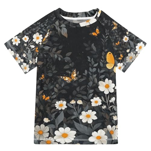 Jucciaco Boys Swing Shirts Daisy Forest Butterfly Black Rashguard Short Sleeve Kids T-Shirts Sun UPF 50+