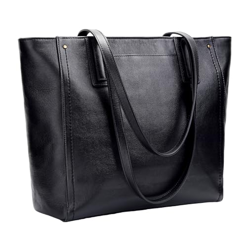 Morriloom Black Genuine Leather Work Tote Bags For Women Large Tote Bag With Zipper Real Leather...
