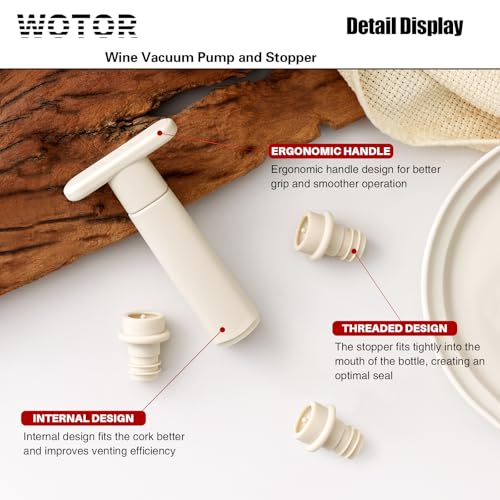 Image of WOTOR Wine Saver Vacuum Pump with 8 Stoppers, Wine Stopper & Preserver, Reusable Bottle Sealer Keeps Fresh, Ideal Accessories Gift, Flat Handle (Cream)