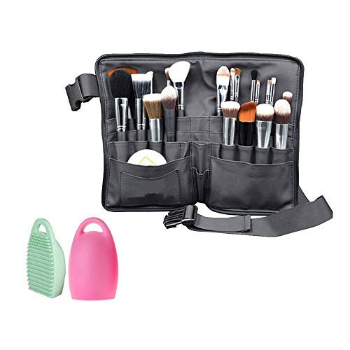 WasonD 32 Pockets Cosmetic Makeup Brush Organizer Belt Bag with Artist Strap for Professional Dresser Apron Brush Holder Waist Bag + Washing Brush Scrubber + Make-up Sponge