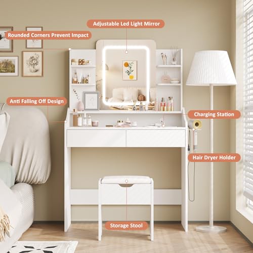 Vabches Vanity Desk with LED Mirror, Makeup Vanity with Power Outlet, 3 Lighting Modes Dressing Table with 2 Drawers & Hair Dryer Holder, for Bedroom Dressing Room, Women Girls White
