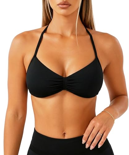 Navneet Sujetadores Deportivos sin Costuras Mujer Brasier Deportivo Cuello Halter sin Espalda para Yoga Gimnasio Negro, M