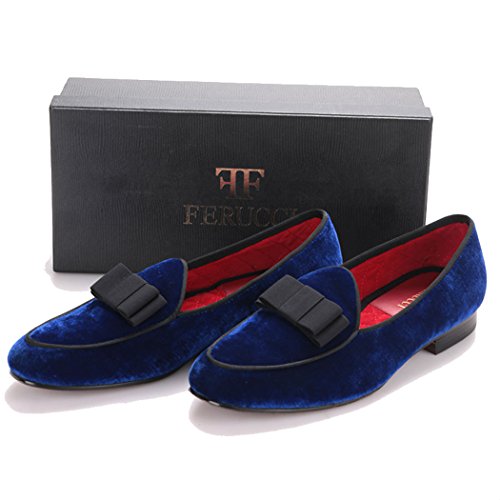 FERUCCI Handmade Blue Men Velvet Slippers Loafers with Black Bow4
