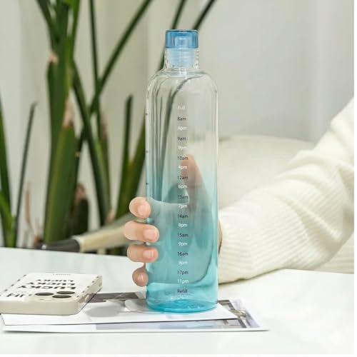 Image of Borosilicate Glass Water Bottles with Cap, Transparent Water Bottle 1000ML Glass Motivational Bottle with Time Marker Cute Glass Milk Juice Drinking Bottles for Women - Blue