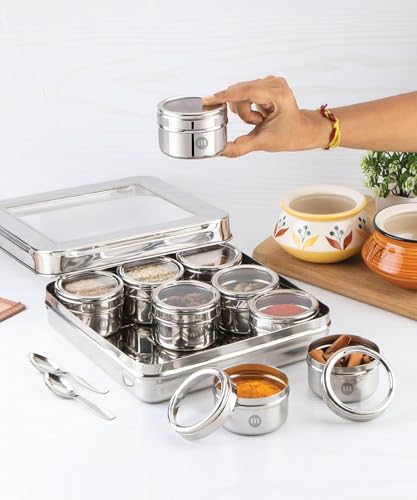 Image of Maru Steel 9-In-1 Masala Container for Kitchen with Heavy-Duty Square Box, Airtight & Durable 9 Storage containers with see-through lids 140ml each, Ideal for Spices, Herbs, Dry Fruits, Mukhwas & More