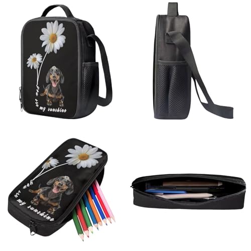 Daisy Dachshund Backpack for Girls Boys You are my Sunshine Kids Backpacks Set with Lunch Bag Pencil Case, Cute Bookbag 17″ Backpack for Elementary Middle School4