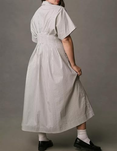 Image of Women's Striped Button Front Pleated Maxi Shirts Dress Short Sleeve Collar V Neck Summer Casual Corset Long Dress