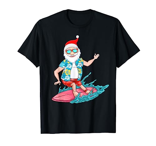 Summer Christmas in July Tropical Santa Surfing Summer Santa Maglietta