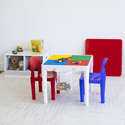 Humble Crew, White/Blue/Red Kids 2-In-1 Plastic Building Blocks-Compatible Activity Table And 2 Chairs Set, Square, Toddler #TOP5