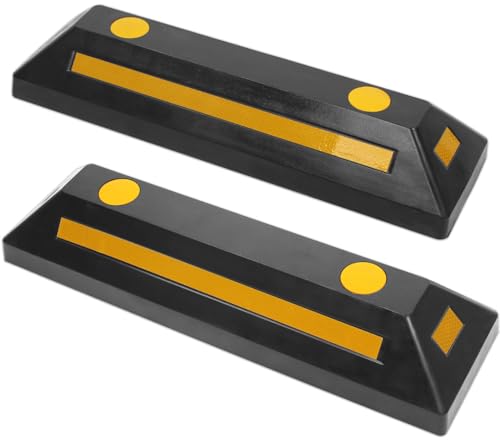 MaxxHaul 50135 2-Pack Commercial Grade Rubber Curb Parking Blocks with Yellow Reflective Strips Wheel Stops for Cars, Vans, RV's Trailers, Trucks & More