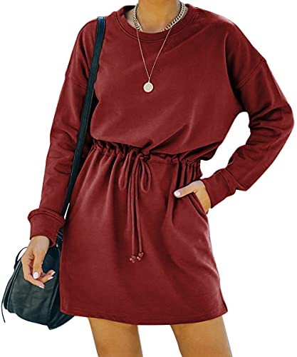 Hiistandd Damen Langarm Kleid Damen Knielang Kleider Rundhals Slim Tie Freizeitkleid Sportkleid mit Taschen Cover