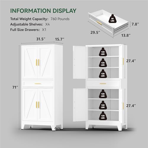 Image of 71 inch Tall Kitchen Pantry Cabinet,Farmhouse Pantry Cabinet,Metal Cabinet with Adjustable Shelves and Drawer,Storage Cabinet for Kitchen Dining Room Garage,White 1 Pack