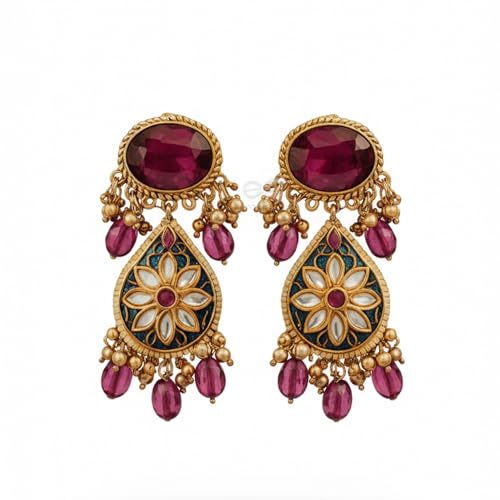 Image of SANJOYA by EVERSTYLISH Embroidered Earrings for Women | Pastel Stone & Beaded Dangler Earrings | Ethnic Jewelry for Weddings, Festivals & Special Occasions