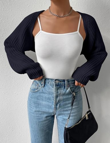 Image of Women's Long Sleeve Open Front Knitted Crop Cardigan Drop Shoulder Knit Bolero Shrug Sweater