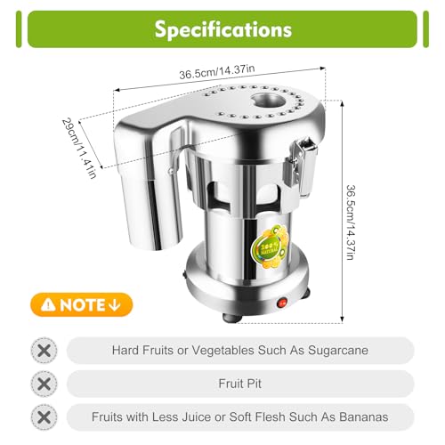 Bepritm 370W Commercial Centrifugal Juicer, 110V Heavy Duty Stainless Steel Extractor Electric Juice Press Machine 2800r/min & 80-100kg/hr Output for Whole Fruits/Vegetables