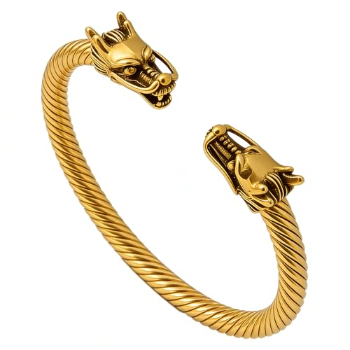 Xusamss Dragon Open Cuff Bracelet for Men, Stainless Steel Twisted Cable Bangle, Dragon Head Jewelry Classic Cable Bracelet, Fashion Mens Bangle Bracelet(Gold)