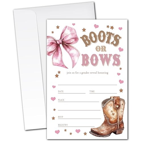 ZYQFN Boots or Bows Gender Reveal Invitations - 20 Cowboy and Bow Theme Baby Shower Invitation Cards 4x6 with Envelopes, Rustic Western Gender Reveal Party Supplies.(105)