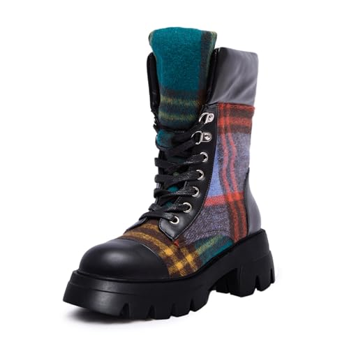 RKQ Black Plaid platform combat boots for women Low Chunky