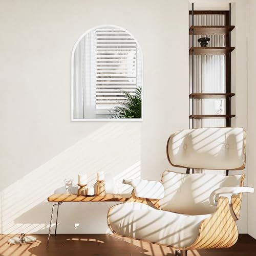 Image of Arch Wall Mirror Bathroom Mirror White Metal Framed Mirror, Arched Metal Wall Mounted Vanity Mirror for Bedroom, Entryway, Living Room 26 inchx18 inch