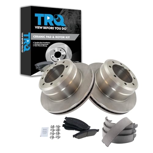 Image of TRQ Rear Brake Pad & Rotor Kit Parking Brake Shoe Set Ceramic Compatible with 2005-2012 Ford F-350 Super Duty 2011-2012 F-450 Super Duty